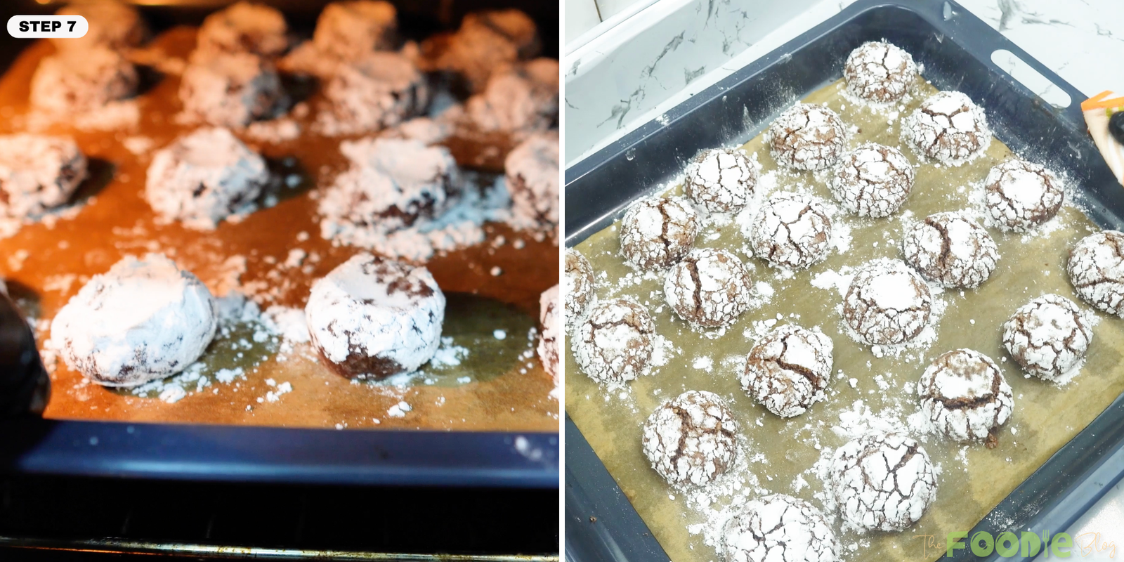 Powdered sugar–coated Nutty Cocoa Fudge cookie dough balls on a parchment-lined baking sheet, ready to bake