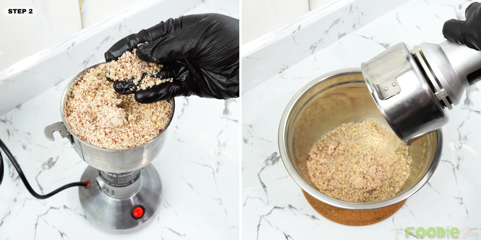 Finely ground peanuts being added into a mixing bowl