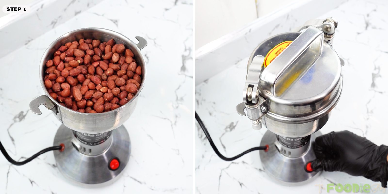 Roasted peanuts in a grinder before processing into fine crumbs