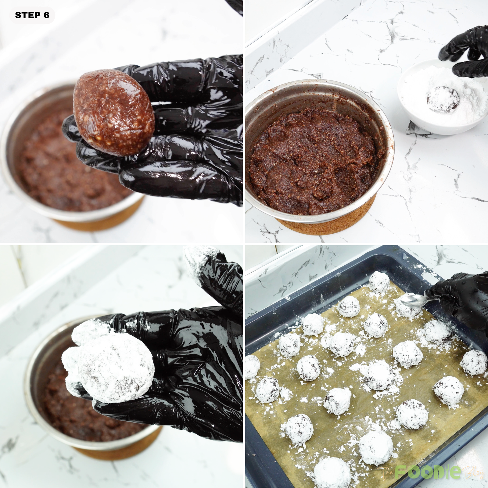 Cookie dough ball being rolled and coated in powdered sugar on a baking tray