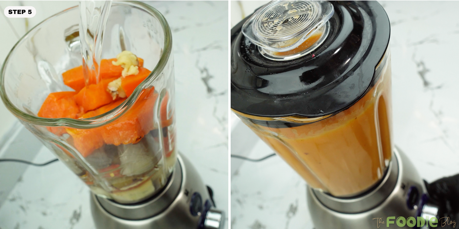 Roasted vegetables and water in a blender being blended into smooth soup