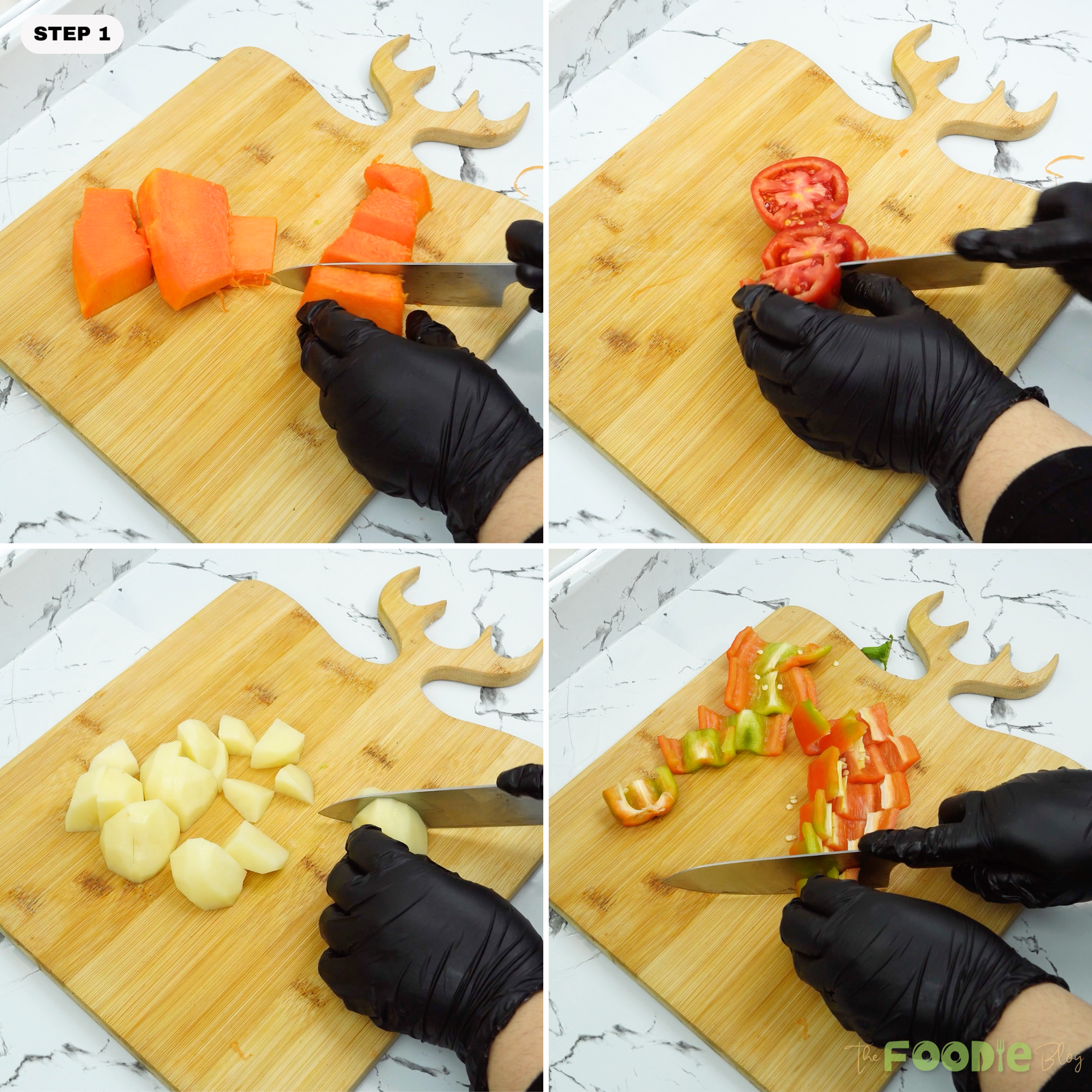 Chopping pumpkin, tomato, potatoes, and bell pepper on a cutting board