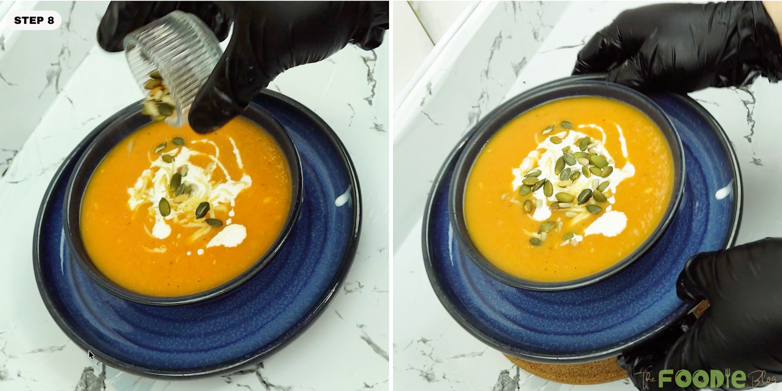 Topping a bowl of roasted veggie soup with pepitas and crème fraîche