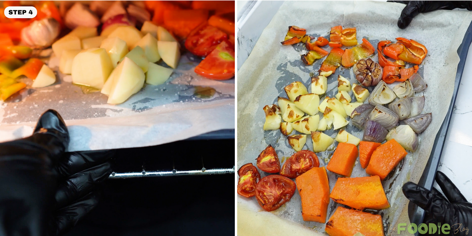 Roasted vegetables on a sheet pan with browned edges after baking