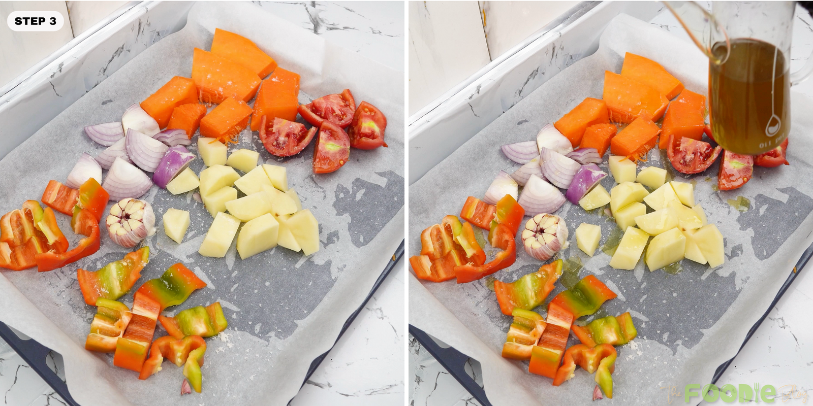 Chopped vegetables on a sheet pan with olive oil being drizzled over them