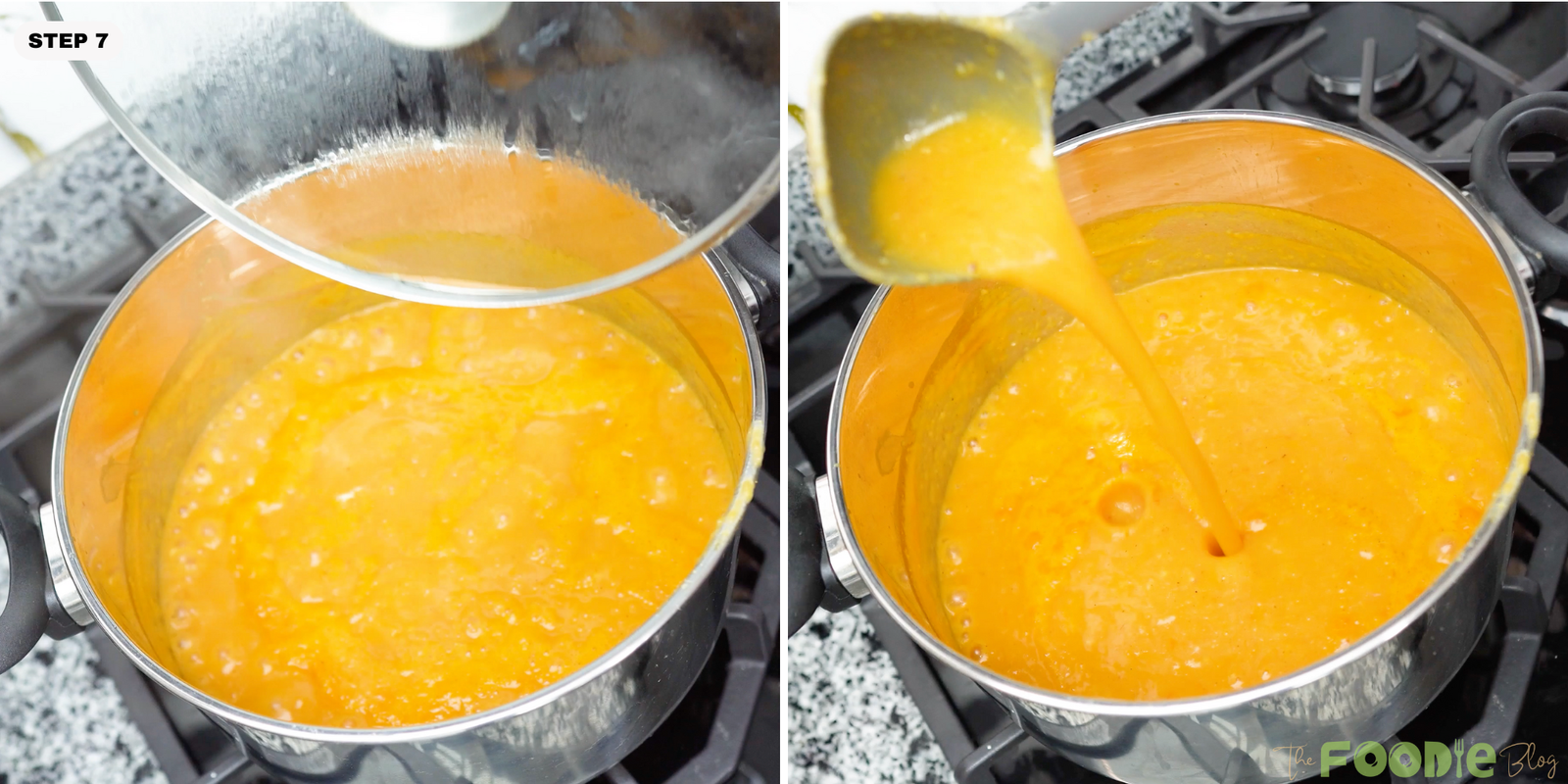Roasted veggie soup simmering in a pot with a ladle lifting the creamy soup