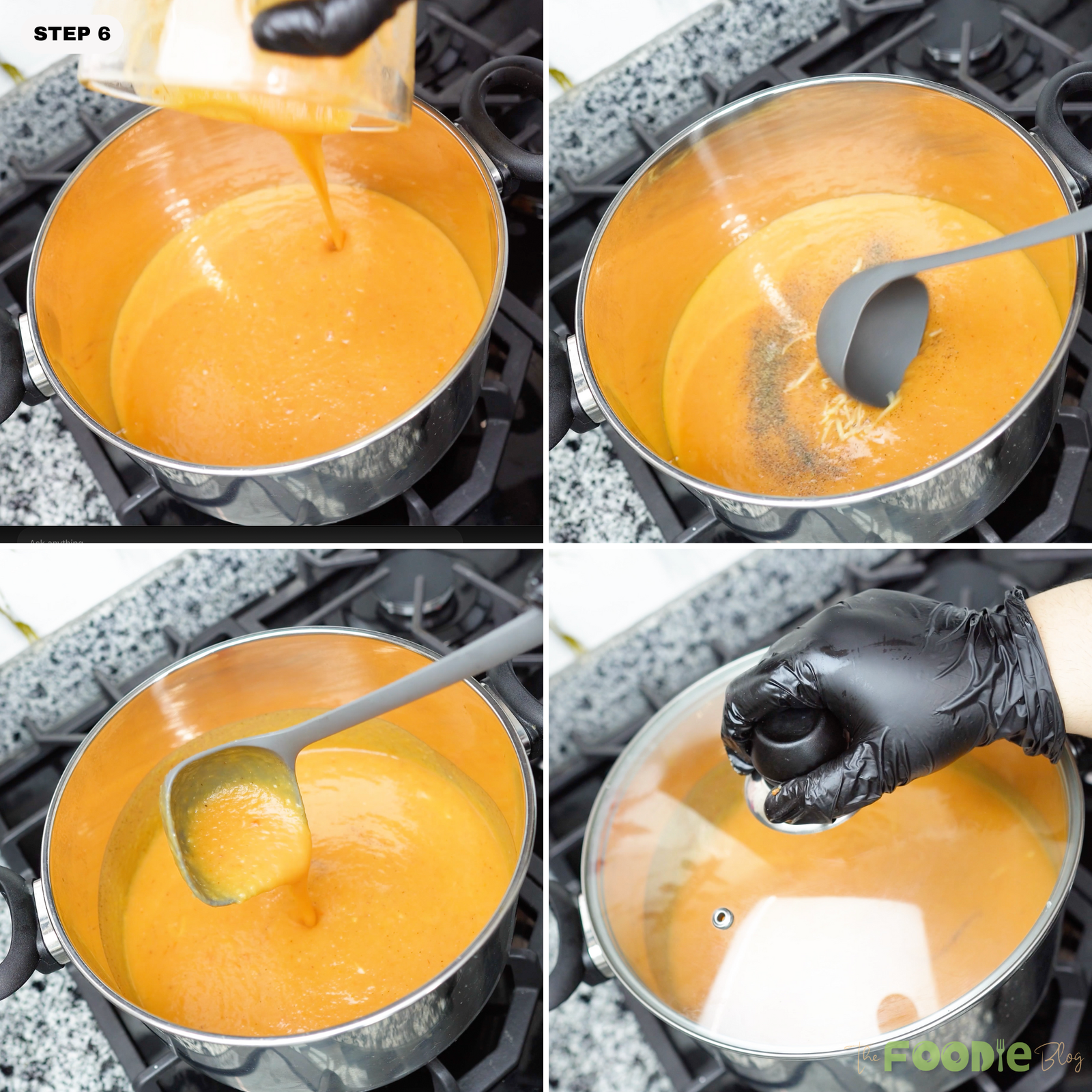 Blended soup poured into a pot and stirred while warming on the stove