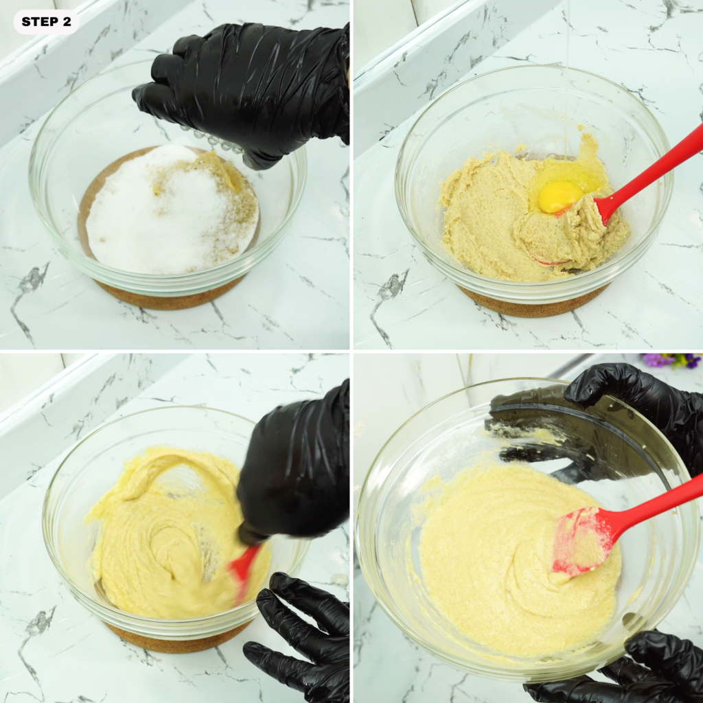 Mixing butter and sugars in a bowl, then adding an egg to the mixture.