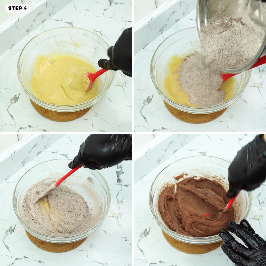 Dry ingredients being added to the bowl and stirred into a thick chocolate cookie dough.