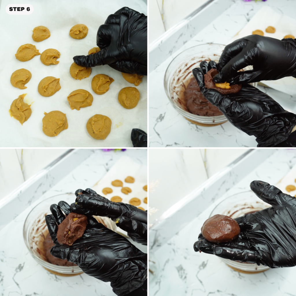 Hands wrapping chocolate cookie dough around peanut butter filling and rolling into a smooth ball.