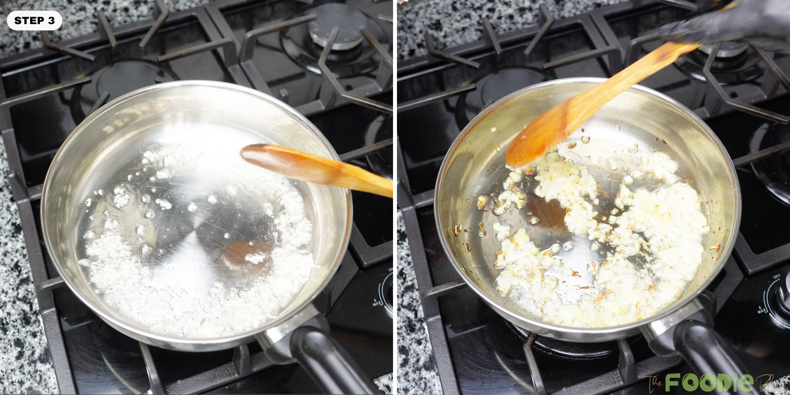 Chopped onion and garlic sautéing in oil in a skillet on the stovetop