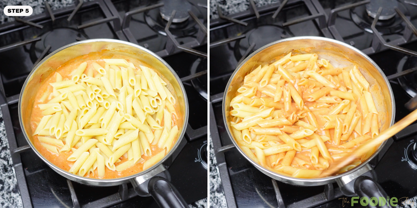 Cooked penne added to a skillet with creamy tomato sauce and stirred to coat