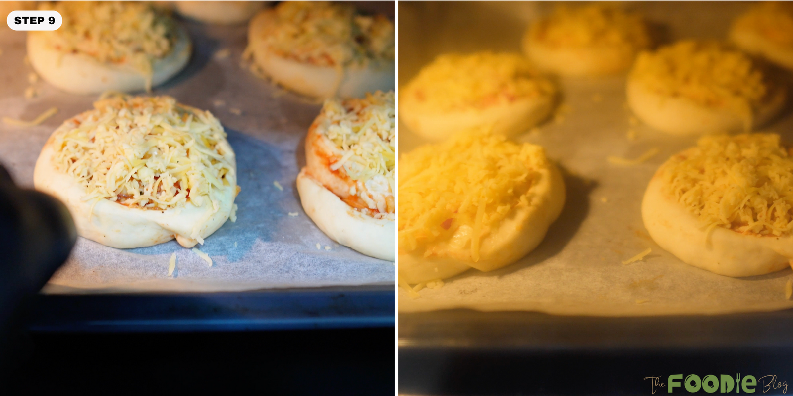 Pizza rolls baking in the oven with melted cheese on top