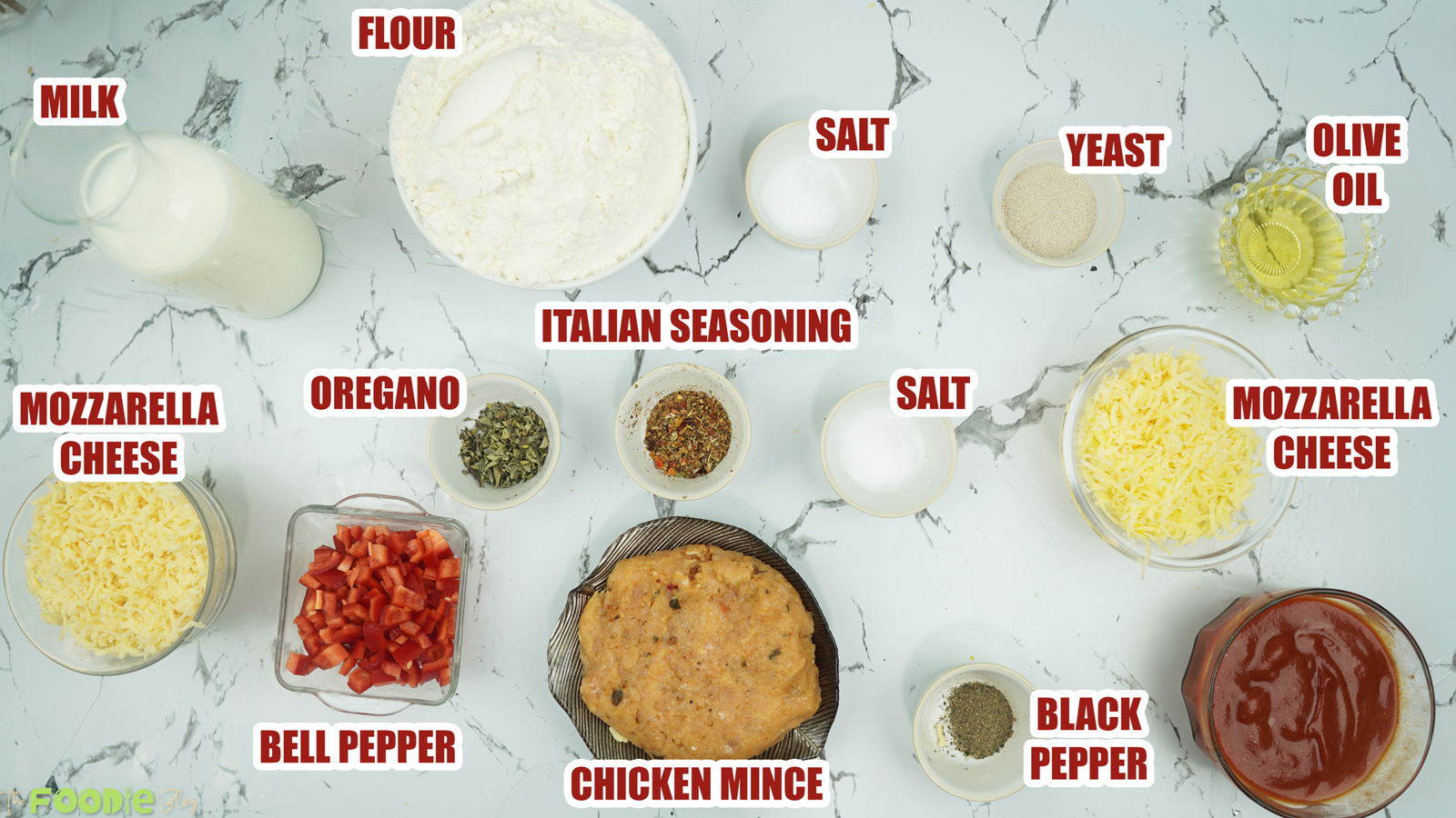 Overhead view of Pizza Rolls ingredients including flour, milk, yeast, olive oil, mozzarella, tomato sauce, chicken mince, and seasonings