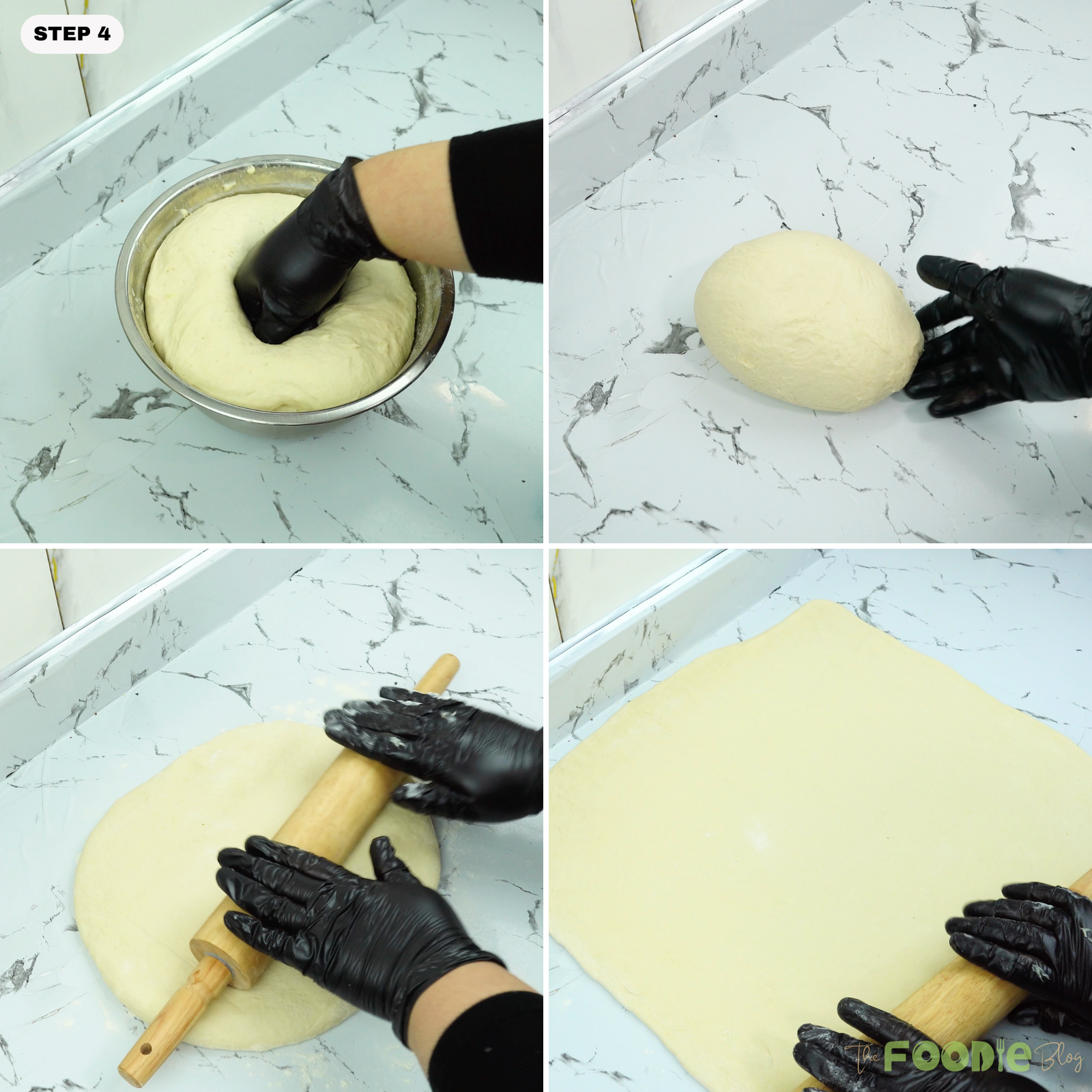 Proofed dough being punched down, shaped, and rolled out on a countertop