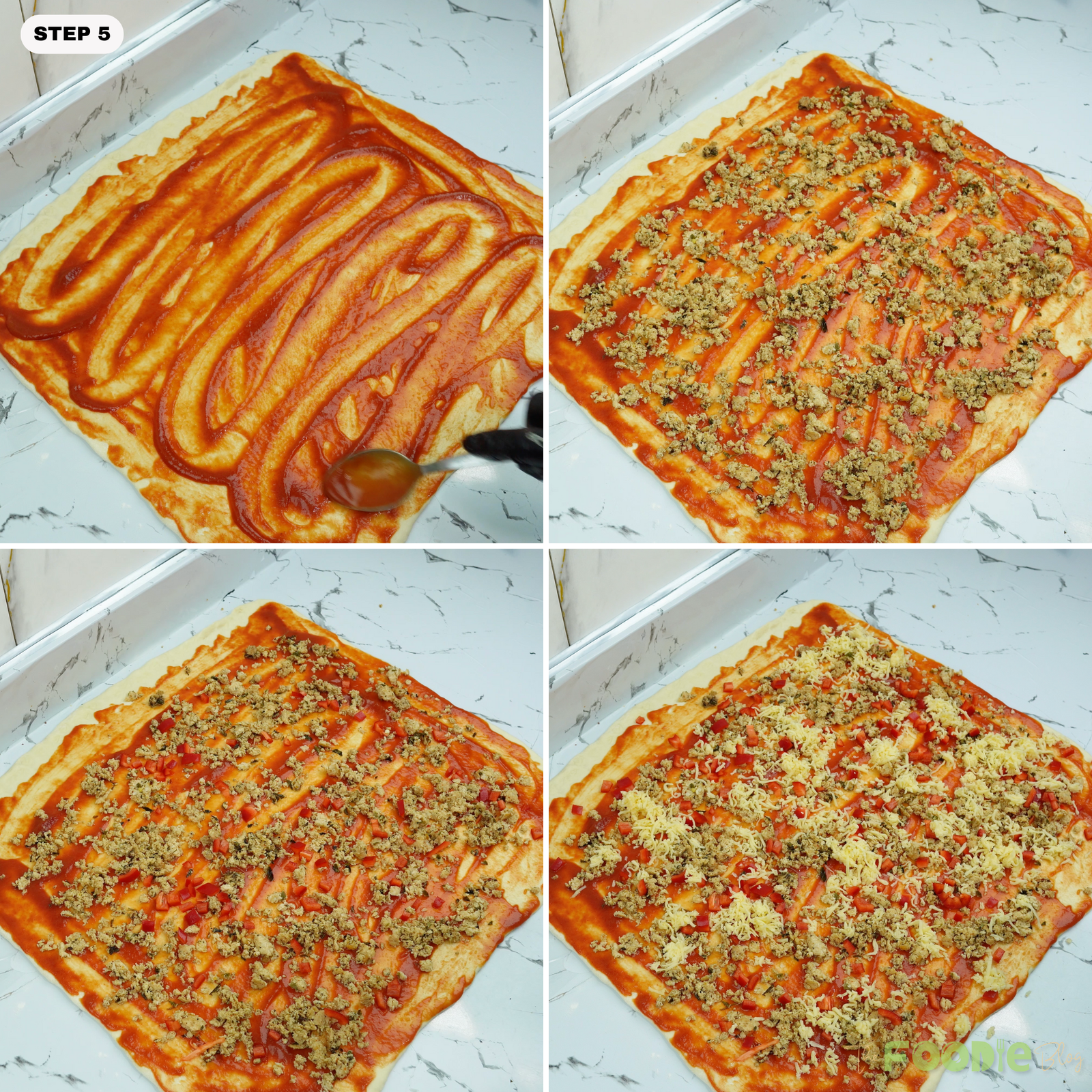Tomato sauce spread over rolled dough with chicken and toppings being added