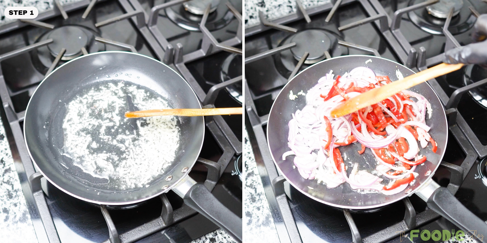 Olive oil heating in a pan and sliced onion with bell pepper added to sauté