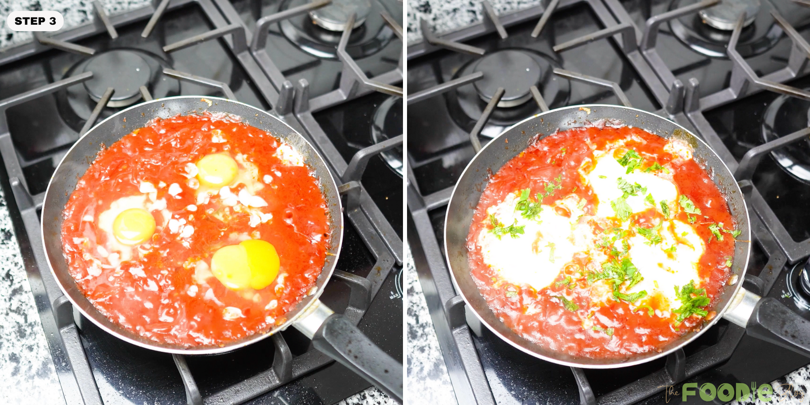 Eggs cracked into simmering tomato sauce and cooked until whites are set