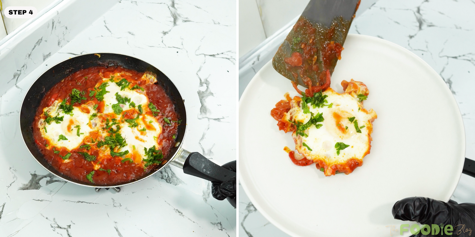 Shakshuka being plated from the skillet onto a white plate and topped with herbs