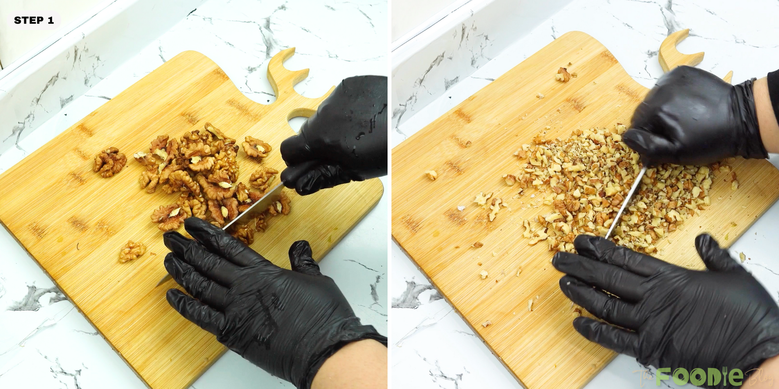 Walnuts being chopped on a wooden cutting board for cookie dough