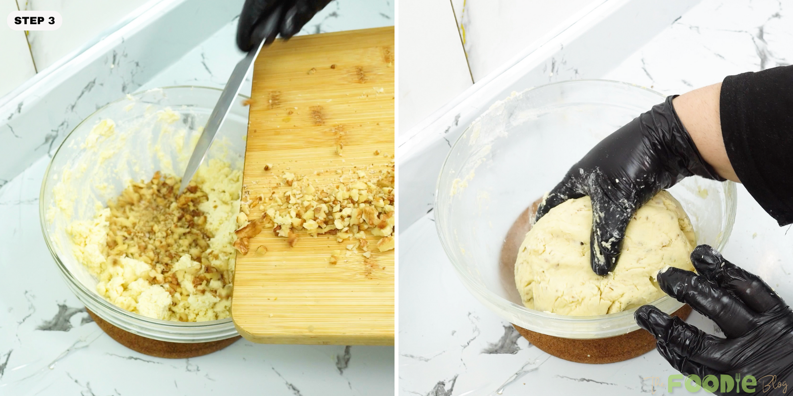 Chopped walnuts being added to crumbly cookie dough in a mixing bowl