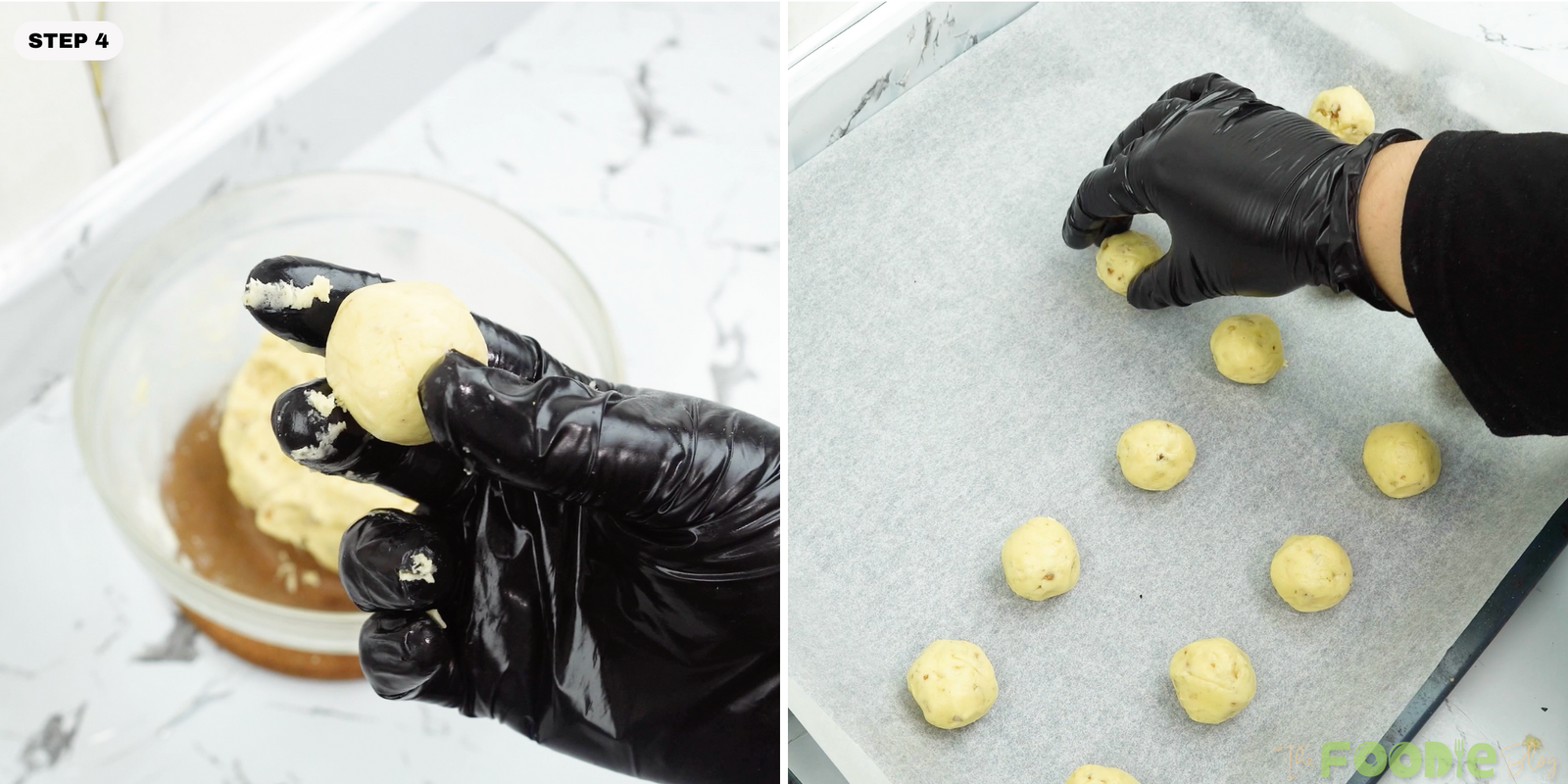 : Cookie dough ball being shaped by hand and placed on a parchment-lined baking sheet