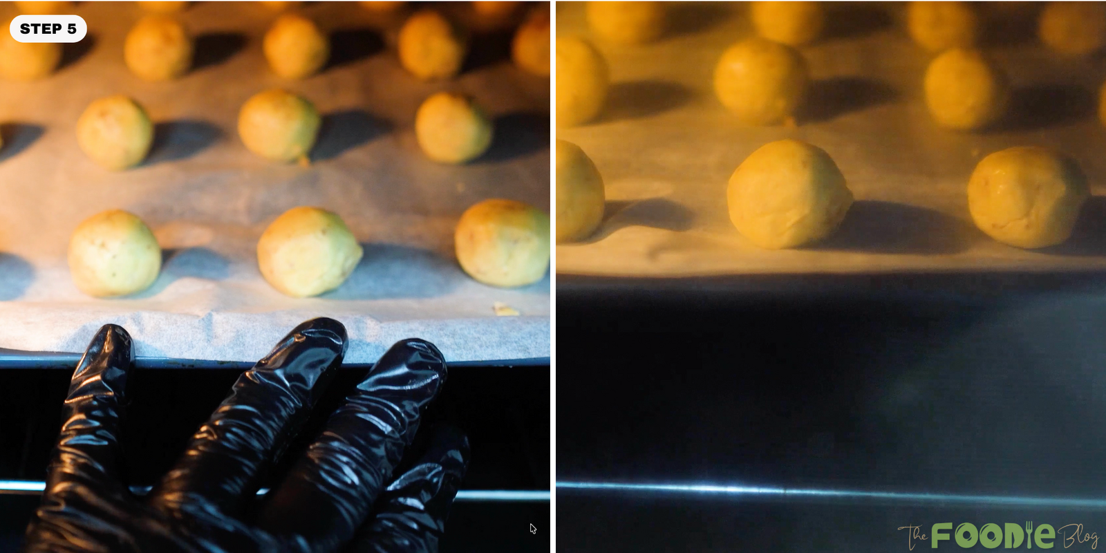 Cookie dough balls baking on a tray inside the oven