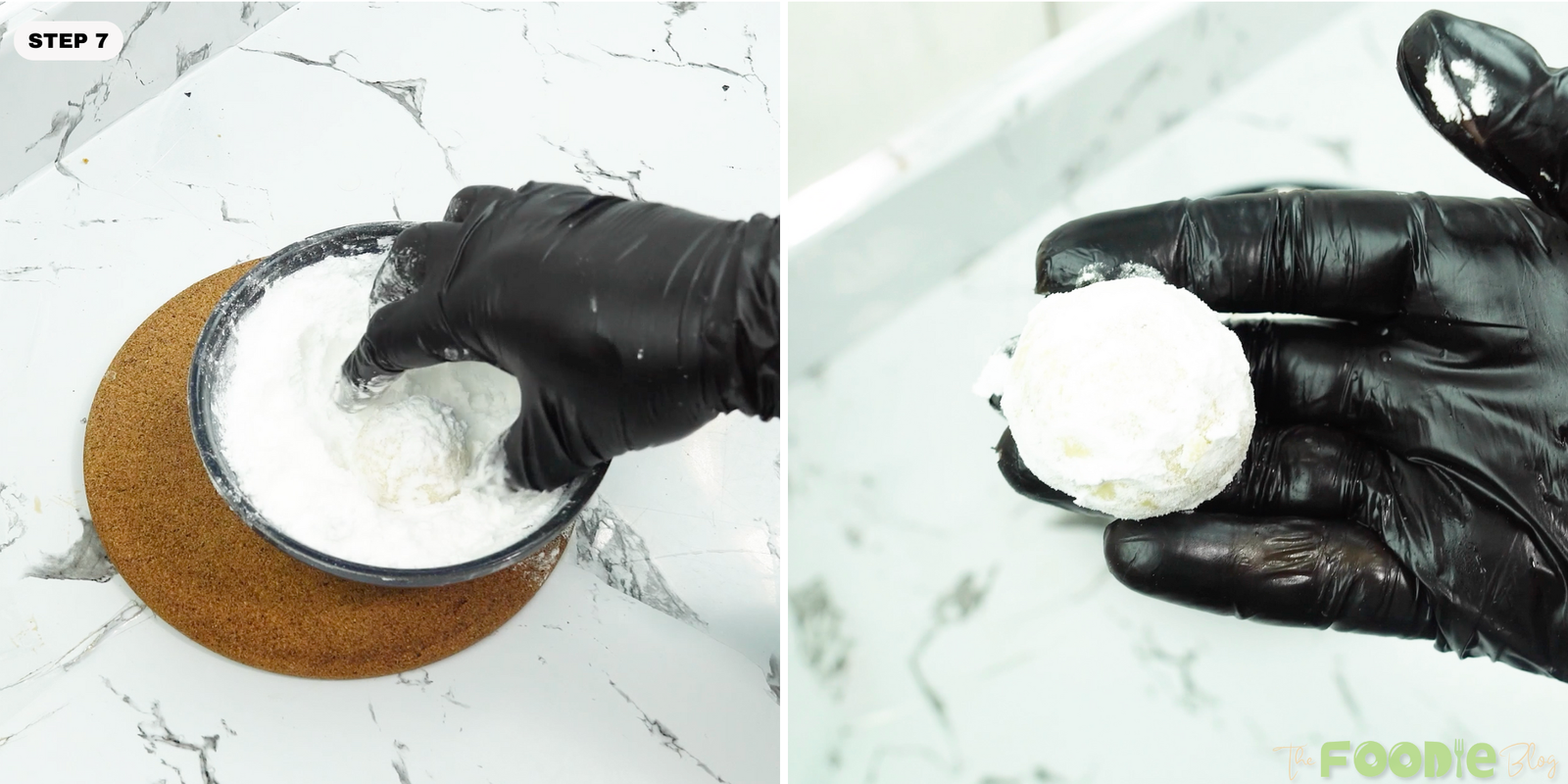 A cookie being rolled in powdered sugar to create the snowy coating