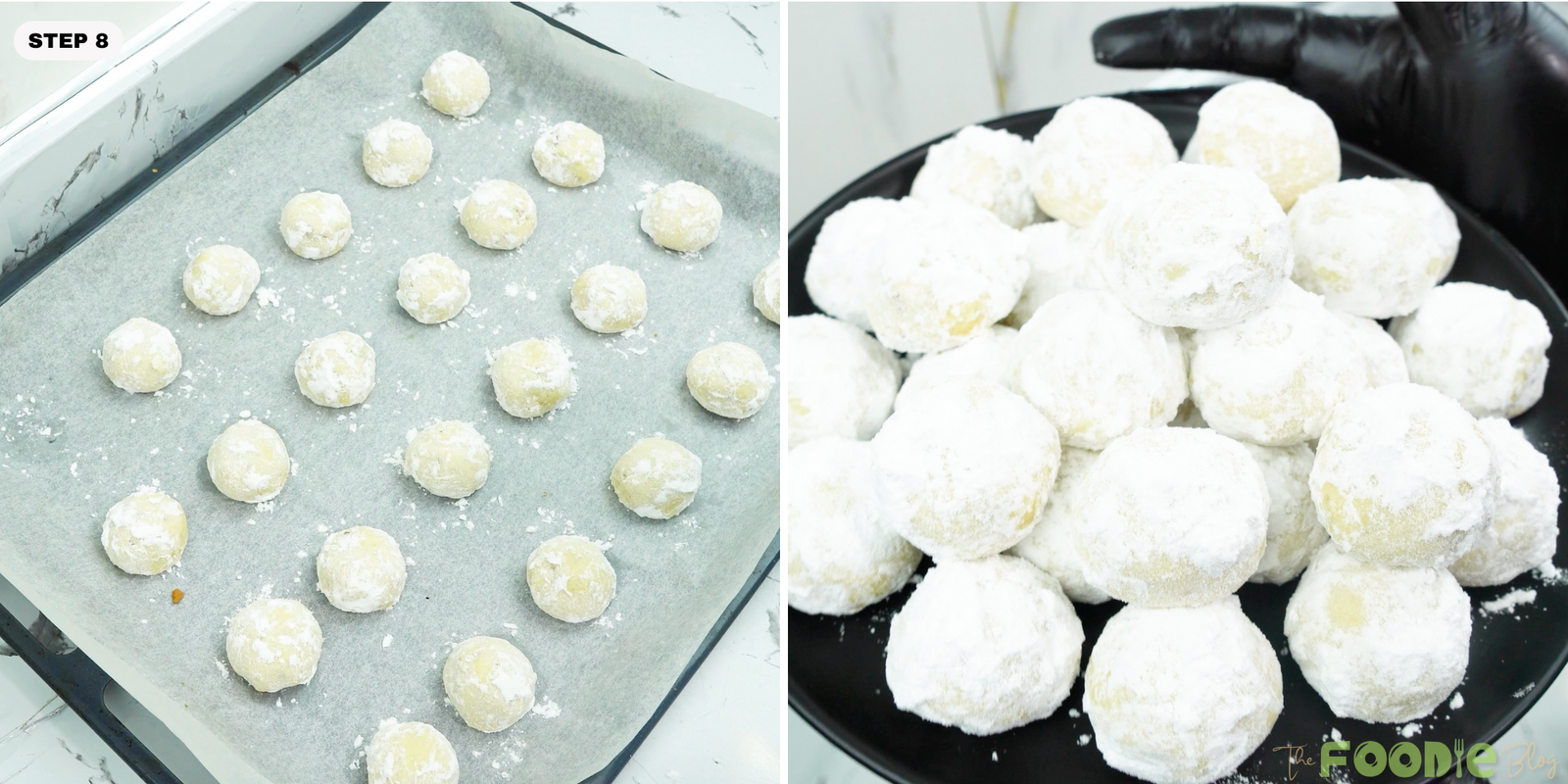 Powdered sugar snowball cookies on a tray and piled on a plate