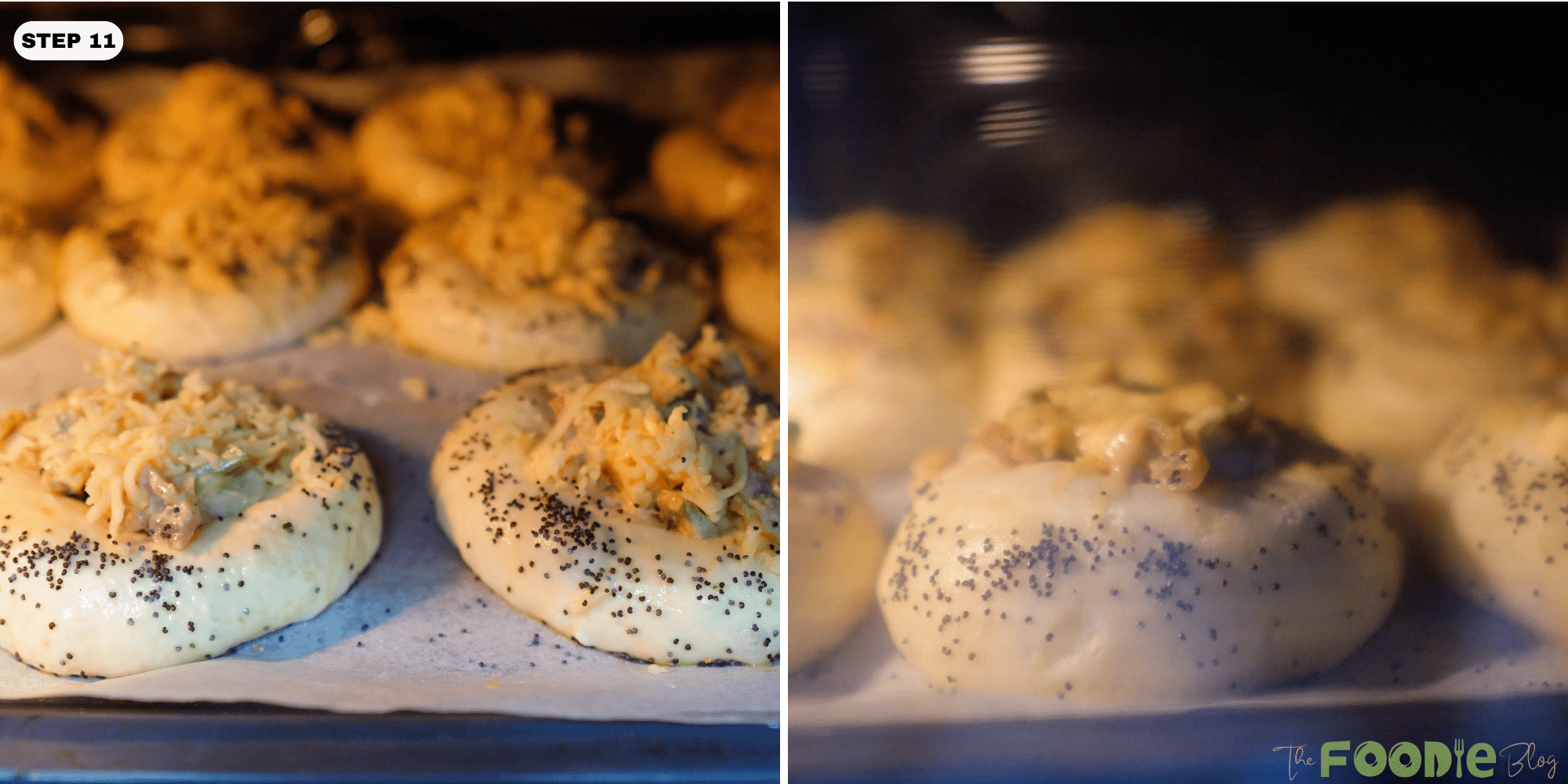 Soft cheese pizza buns baking on a parchment-lined sheet pan inside the oven