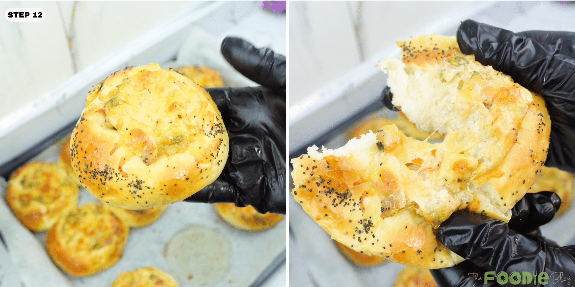 Gloved hands holding a baked soft cheese pizza bun and pulling it apart to show the soft interior