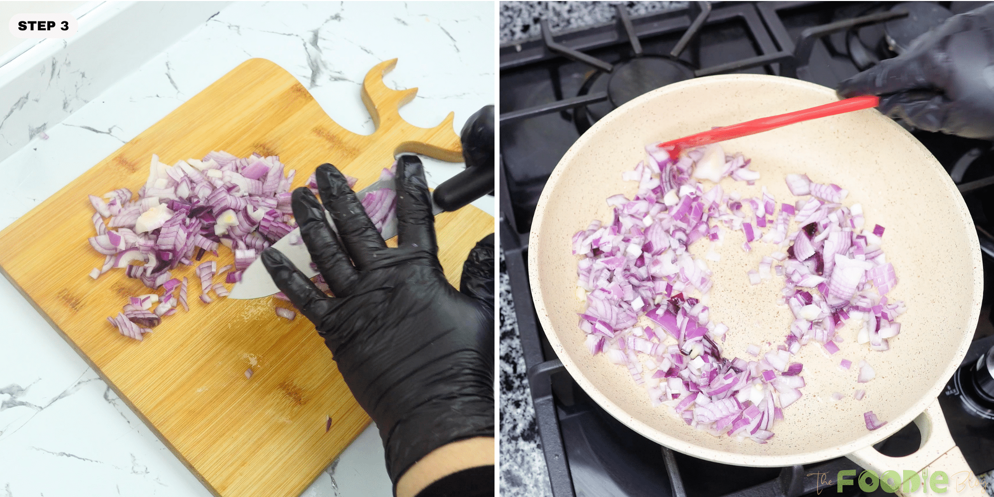 Chopped red onion on a cutting board and sautéing in a pan