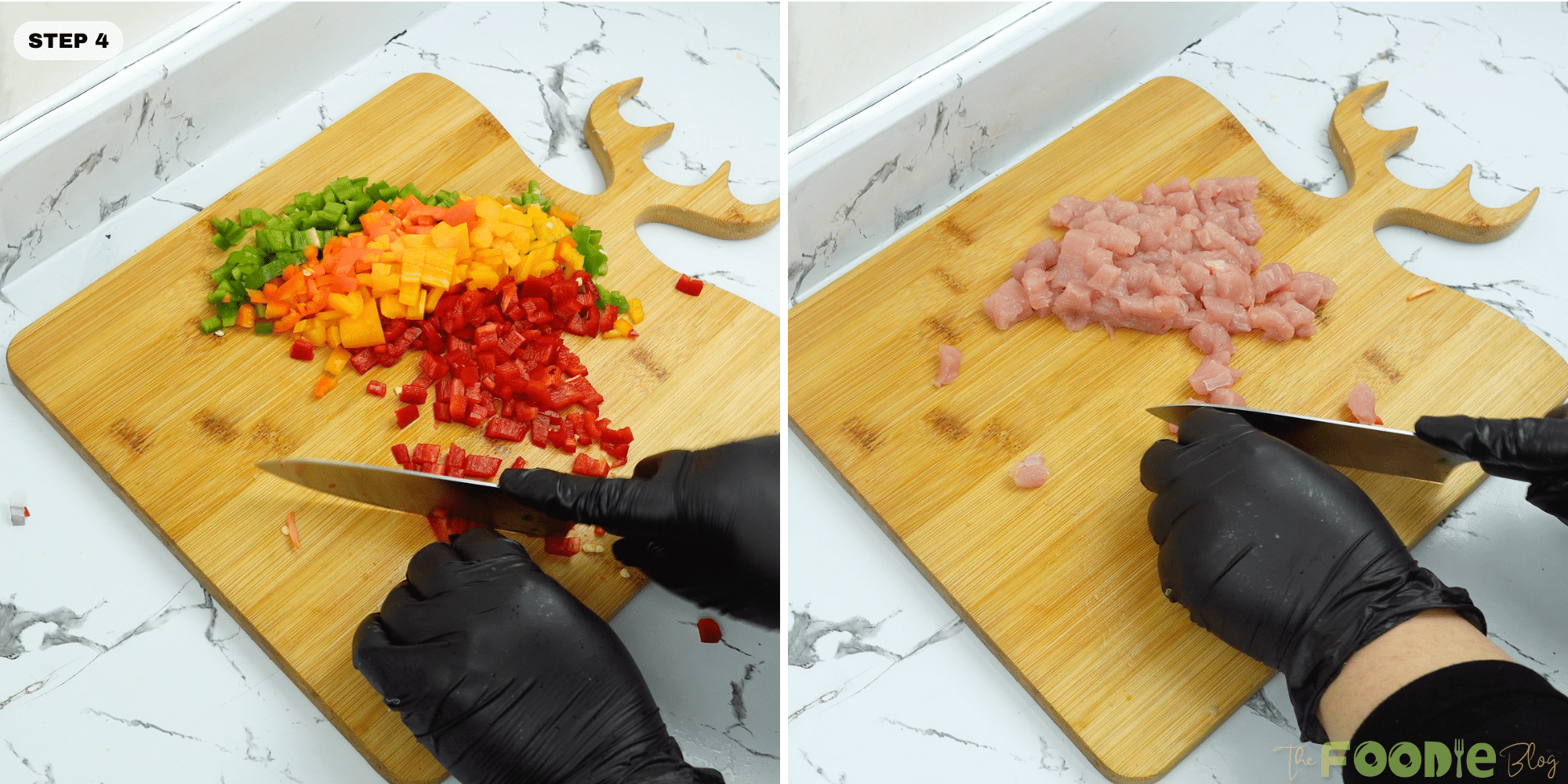 Diced bell peppers and chopped chicken breast on a cutting board