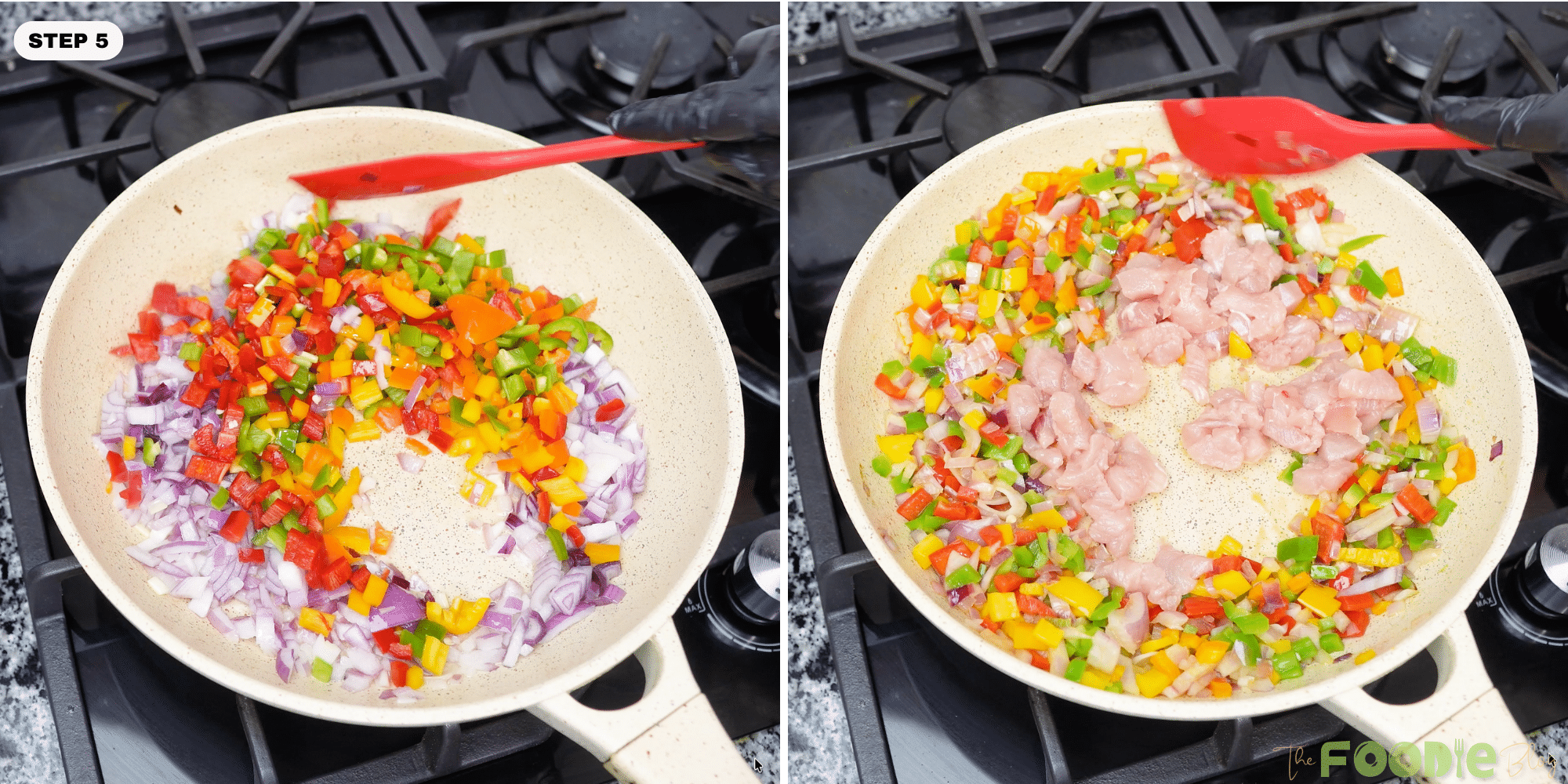 Bell peppers and onion sautéing in a skillet with chicken added in the center
