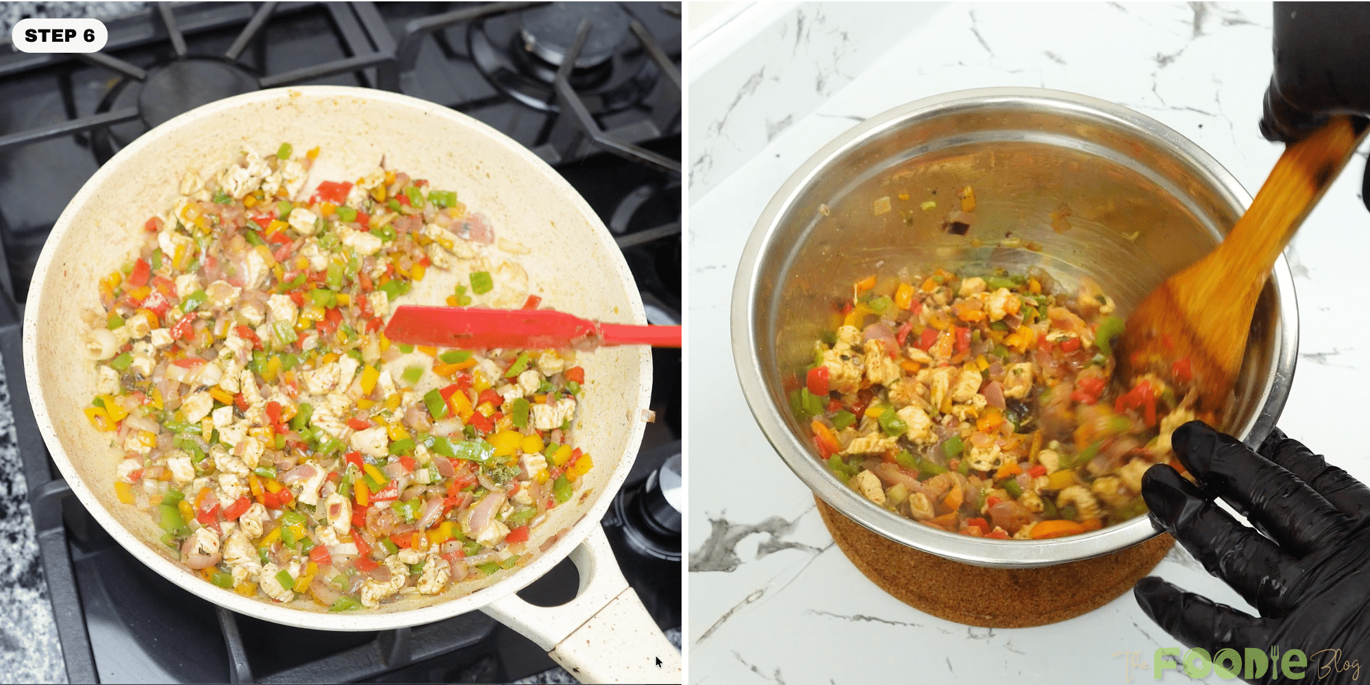 Cooked chicken and peppers mixture stirred in a skillet and transferred to a bowl