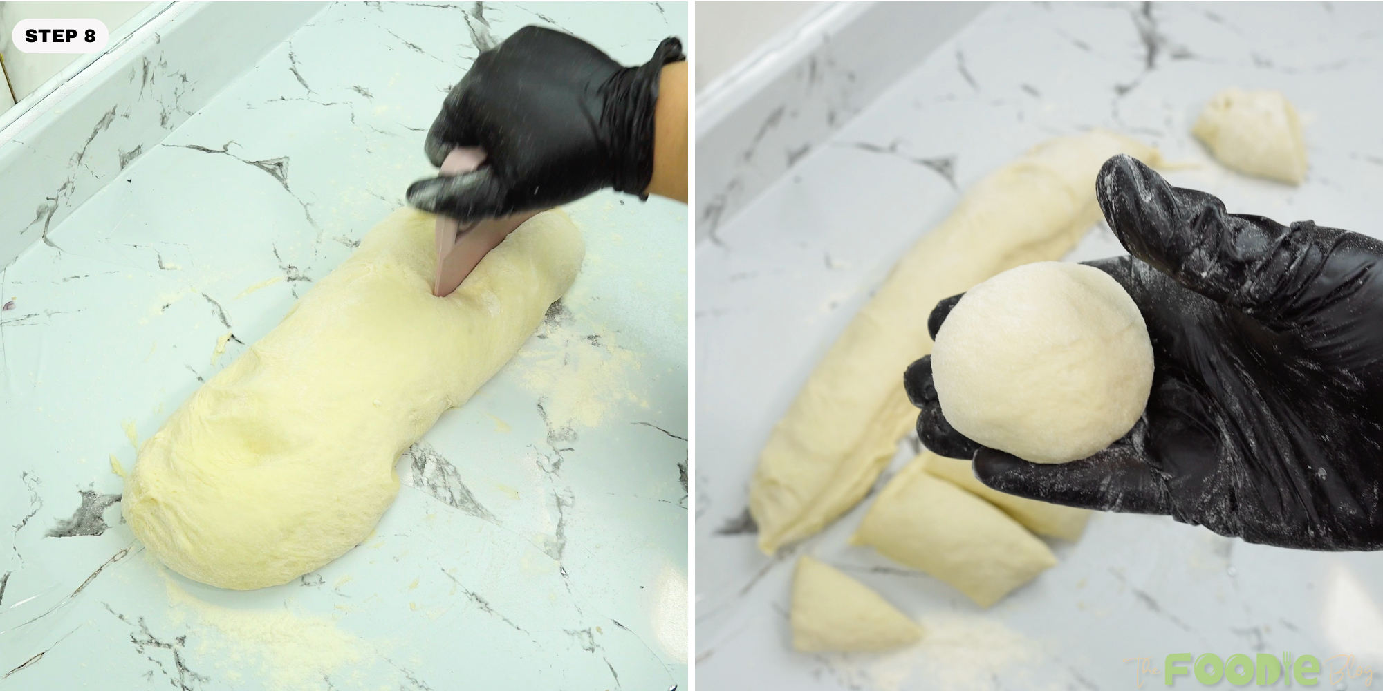 Dough log being cut into pieces and shaped into smooth dough balls