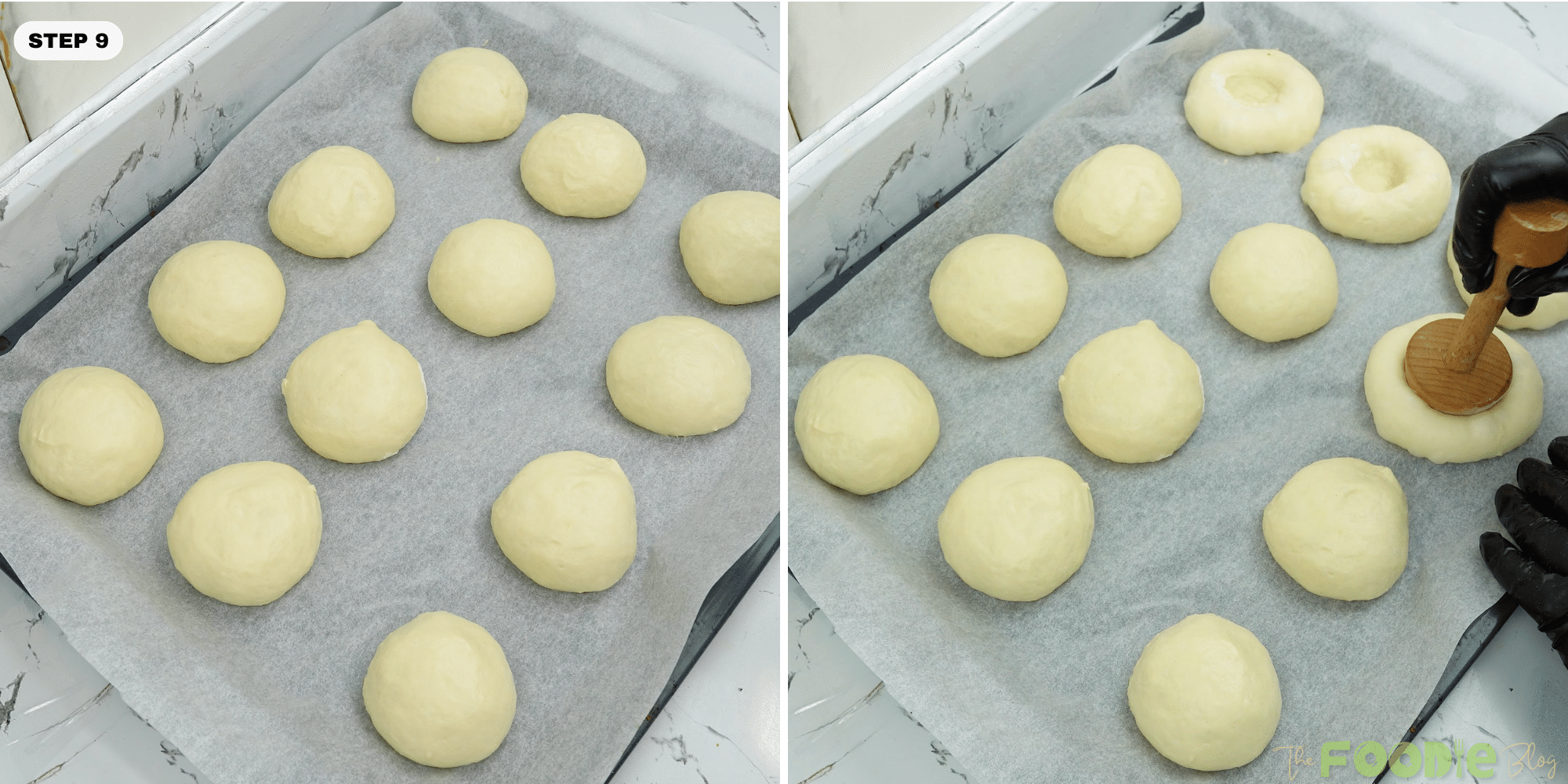 Dough balls on a parchment-lined tray with centers pressed down for a well