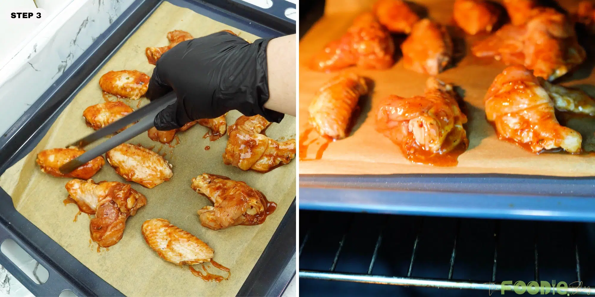 Sauced chicken wings being placed on a parchment-lined baking sheet