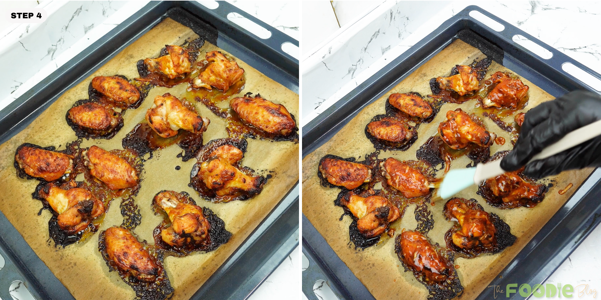 Baked chicken wings being brushed with sticky sauce on a baking tray