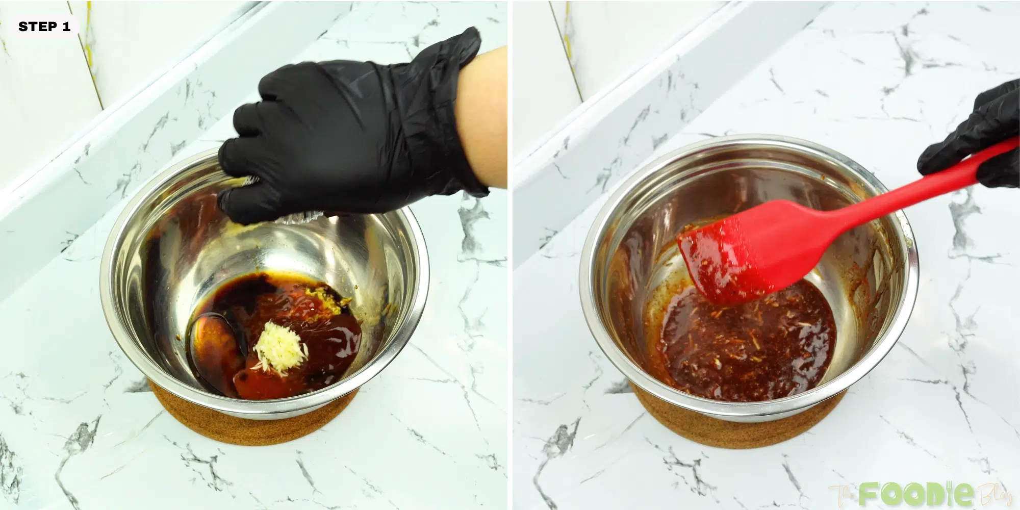 Sauces, garlic, and ginger being mixed together in a bowl for wing glaze