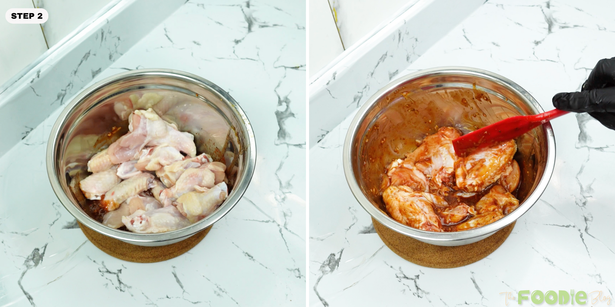 Raw chicken wings being tossed in a bowl with sticky Chinese wing sauce