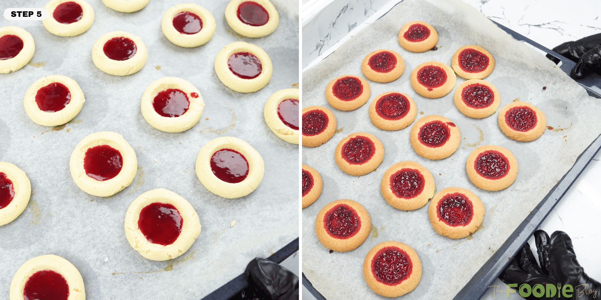 Baked thumbprint cookies with set strawberry jam centers cooling on a baking tray