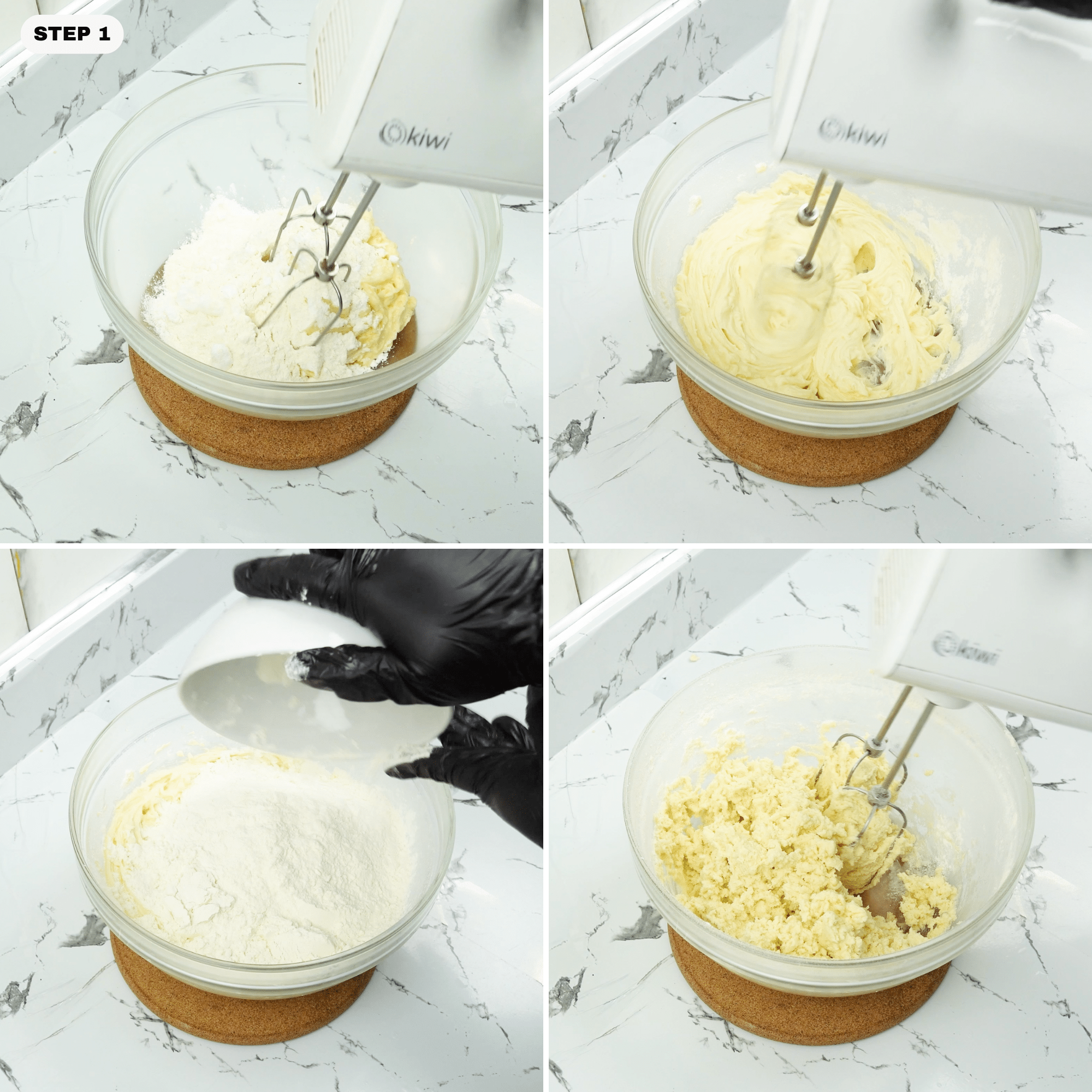 Mixing butter and powdered sugar in a glass bowl with a hand mixer for cookie dough