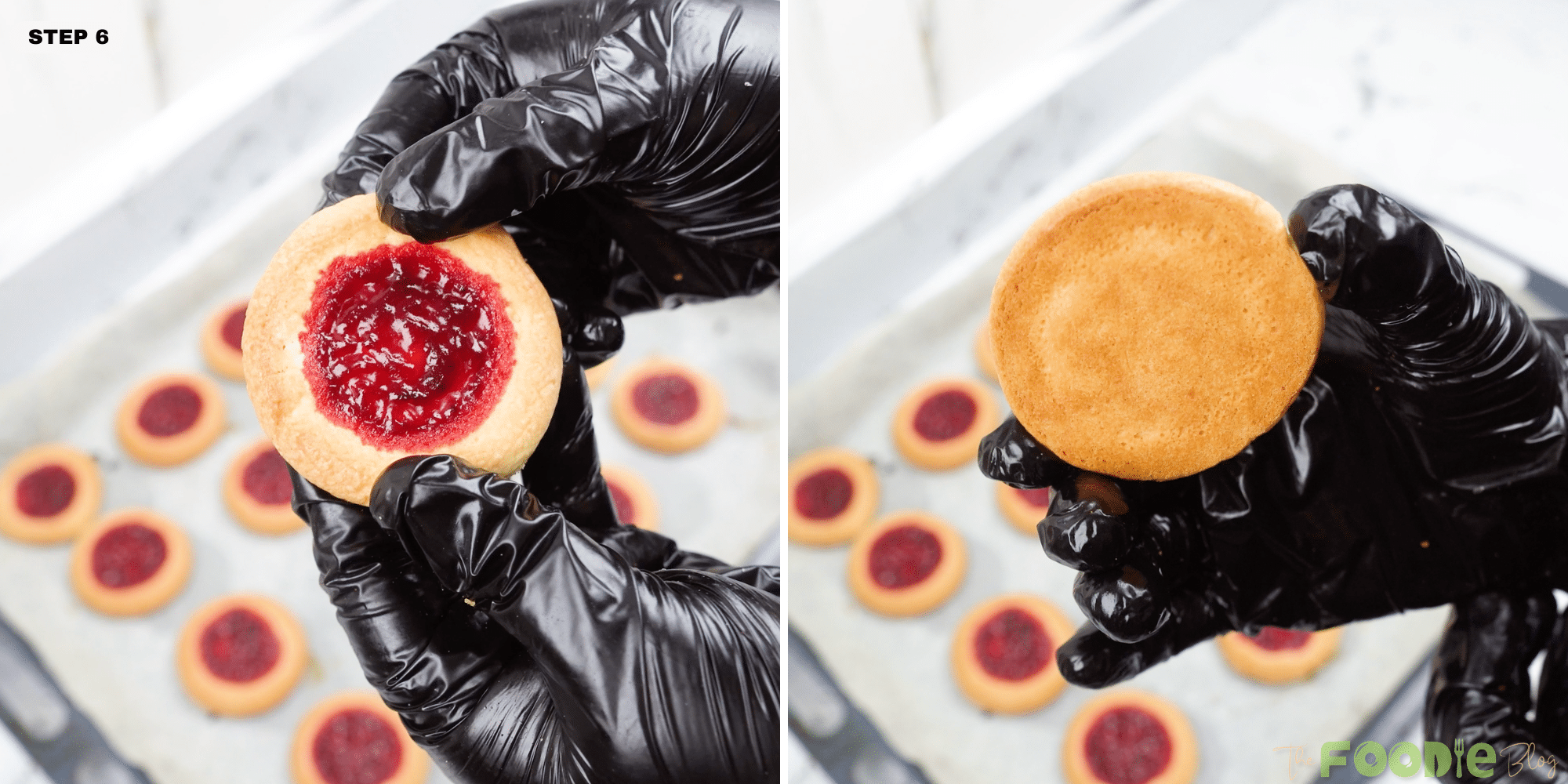 Holding a jam thumbprint cookie and showing the lightly browned bottom after baking