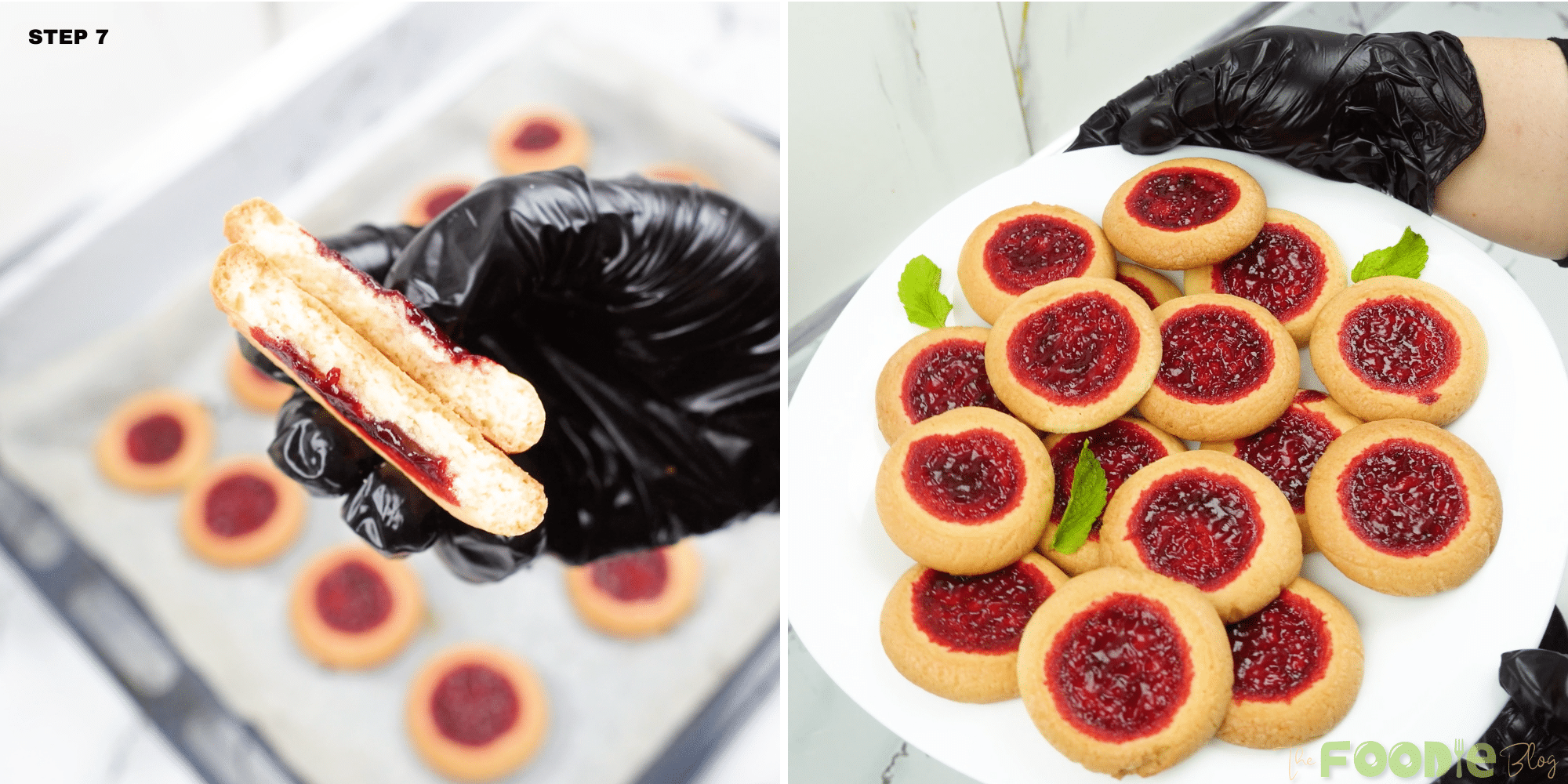Plate of strawberry jam thumbprint cookies with one cookie split open to show the soft inside