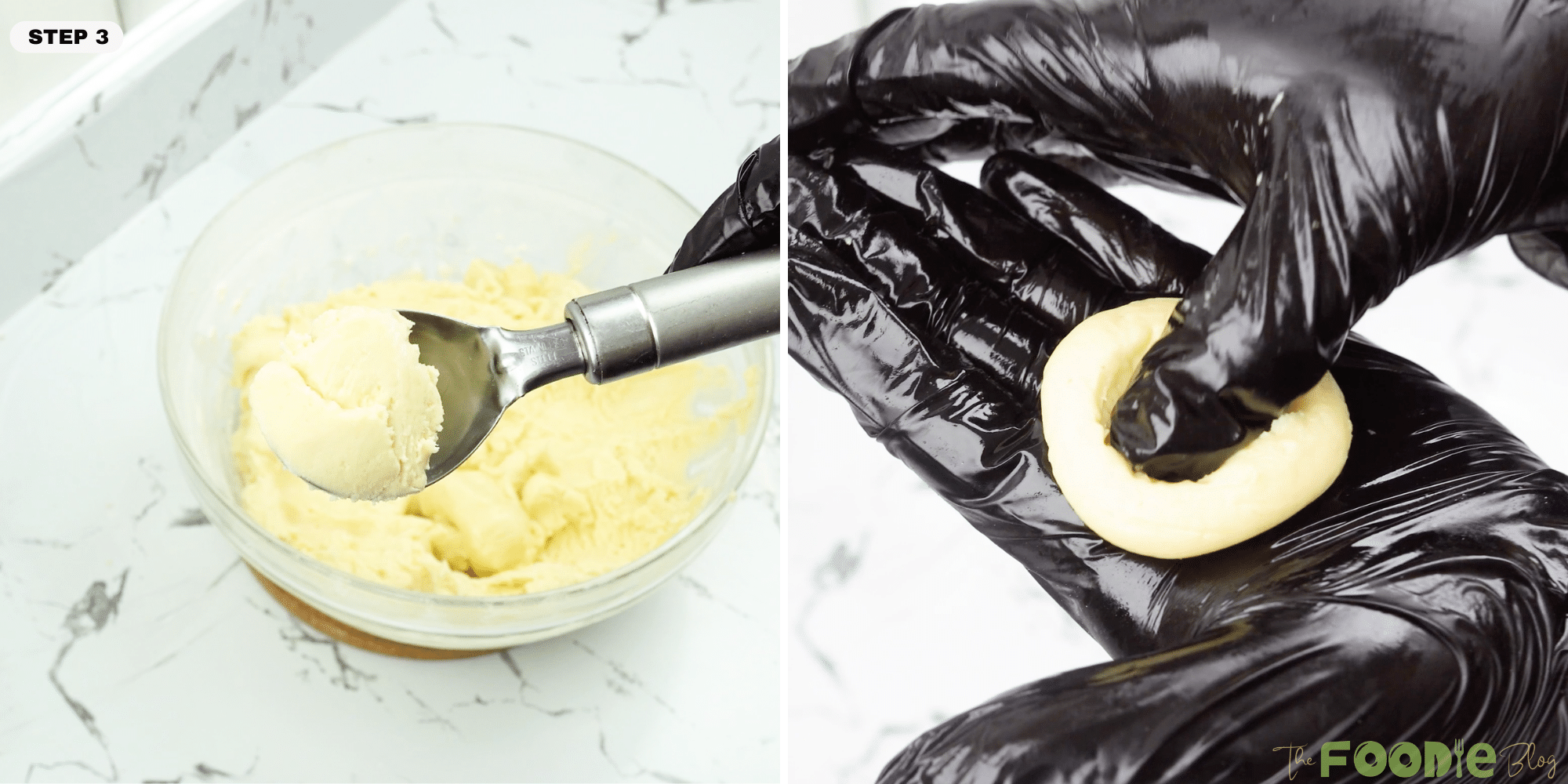 Forming cookie dough balls and pressing a thumbprint indentation in the center