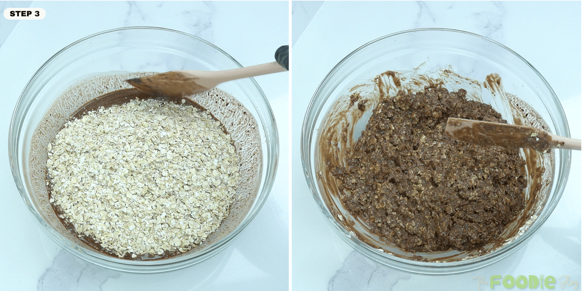 Quick oats added to chocolate mixture in a bowl before stirring