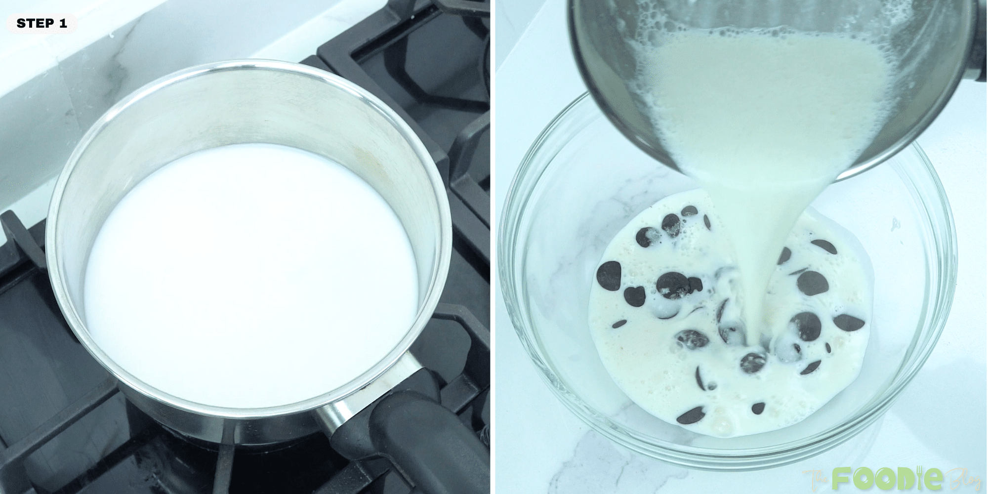 Hot coconut milk being poured over dark chocolate in a bowl
