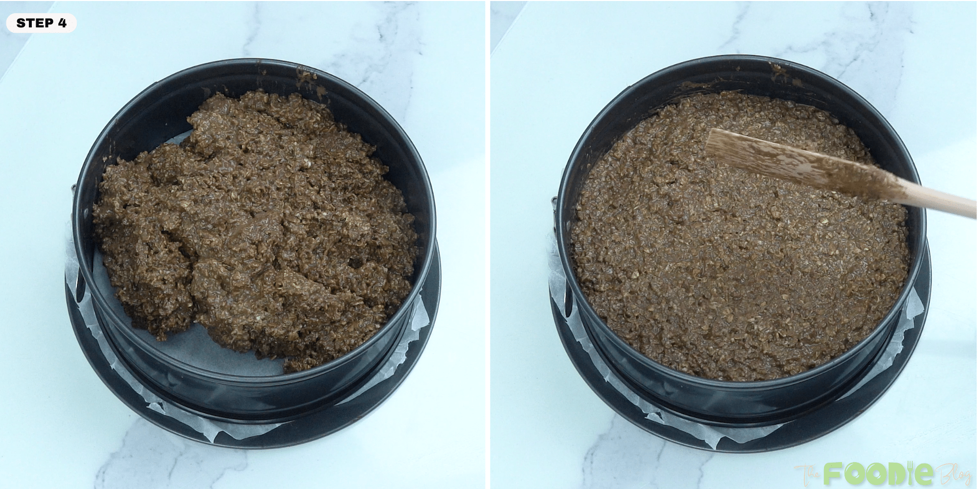 Chocolate oat mixture being spread and pressed into a lined springform pan