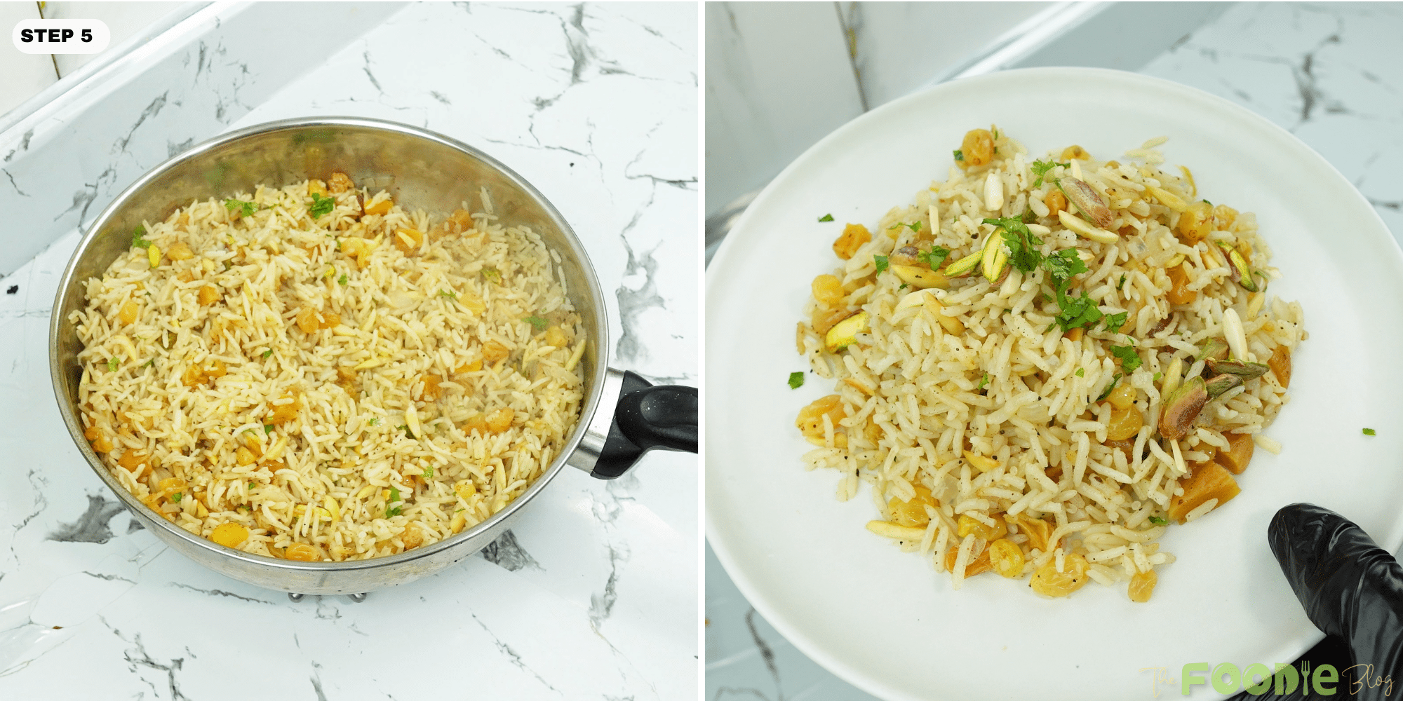 Finished rice pilaf in the pot and a plated serving garnished with parsley and pistachios